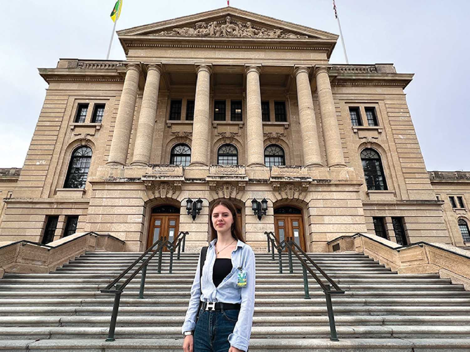 <b>Proud moment</b> Viktoriia Knyhnytska of Wawota was at the Legislature in Regina Thursday for an announcement by the provincial government that will make post-secondary education more affordable for Ukrainians in Canada under CUAET. The province announced that Ukrainians will now pay the same tuition fees as Canadians and refugees. Viktoriia had raised the issue April 23, Minister Gord Wyant told the World-Spectator April 27 he asked his department for ways to fix the issue, and two weeks later, on May 11, the government announced a new program to fix the disparity in tuition fees.